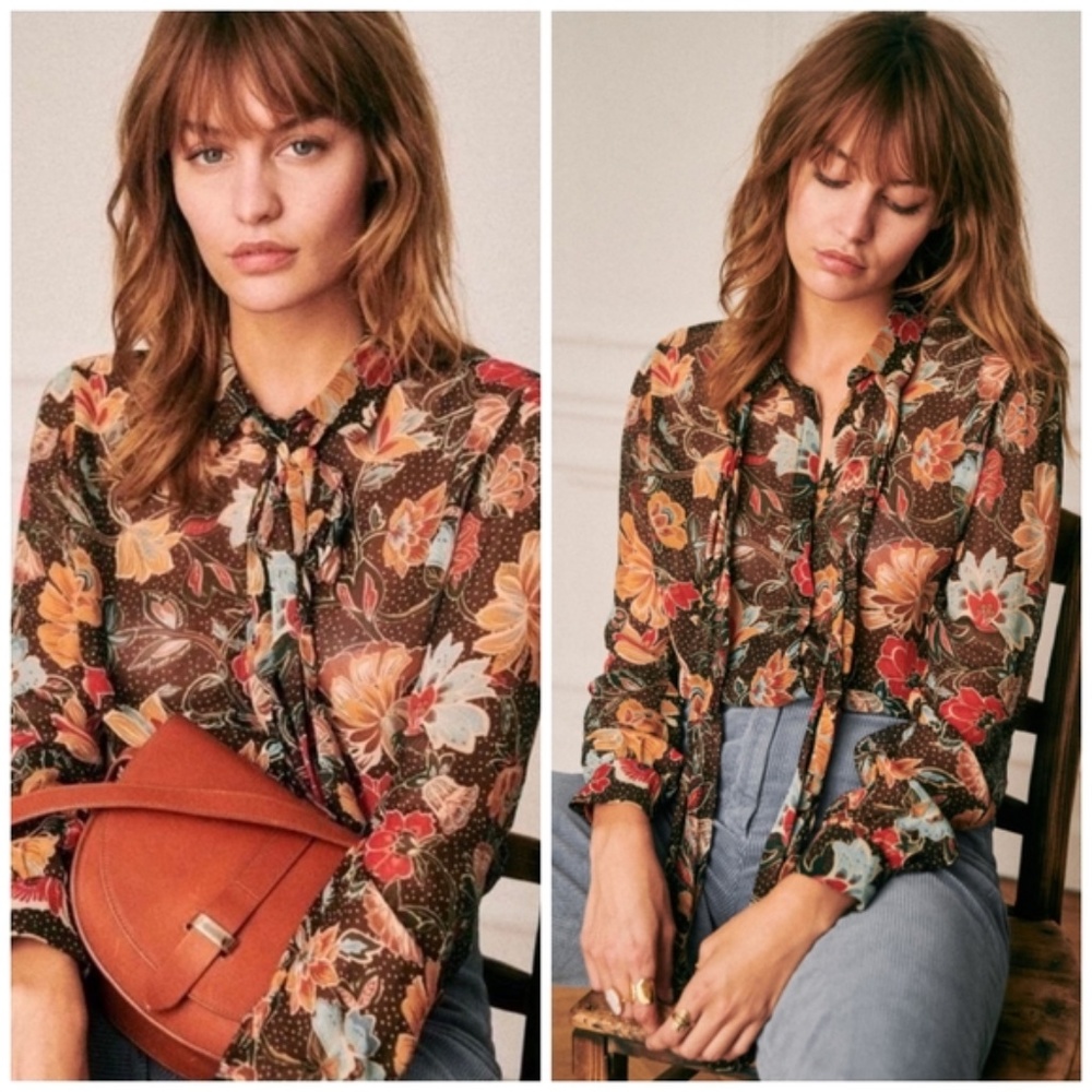 Sezane Sheer Floral Tie Neck Blouse